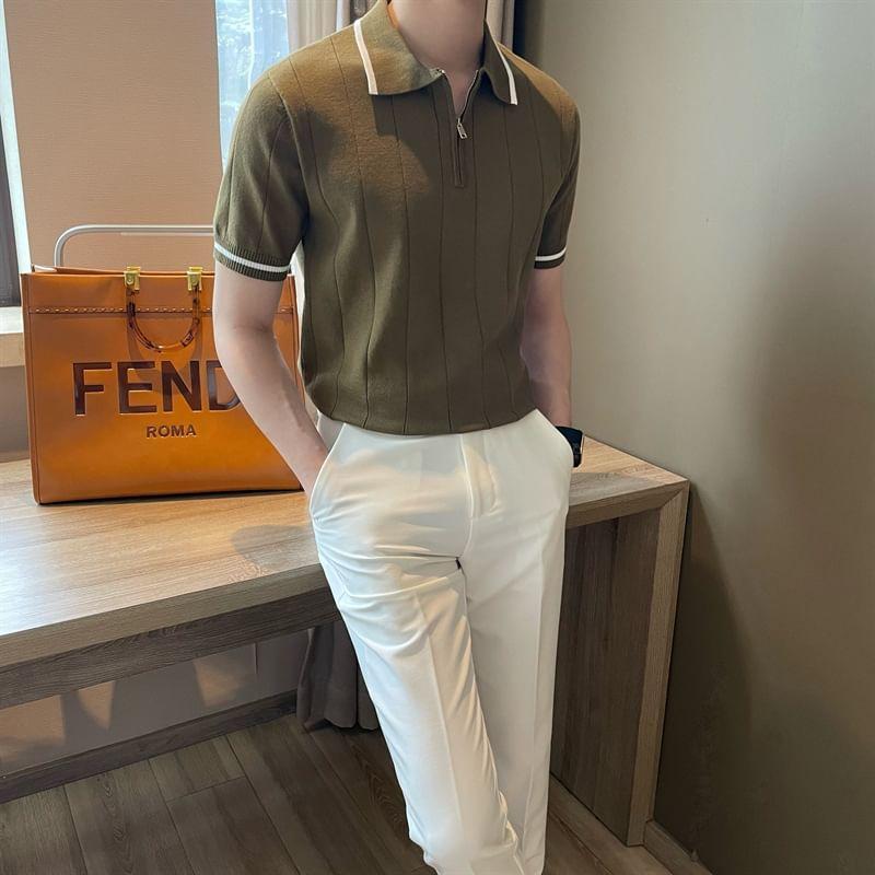 Short-Sleeve Collared Contrast Trim Half-Zip Knit Top Product Image