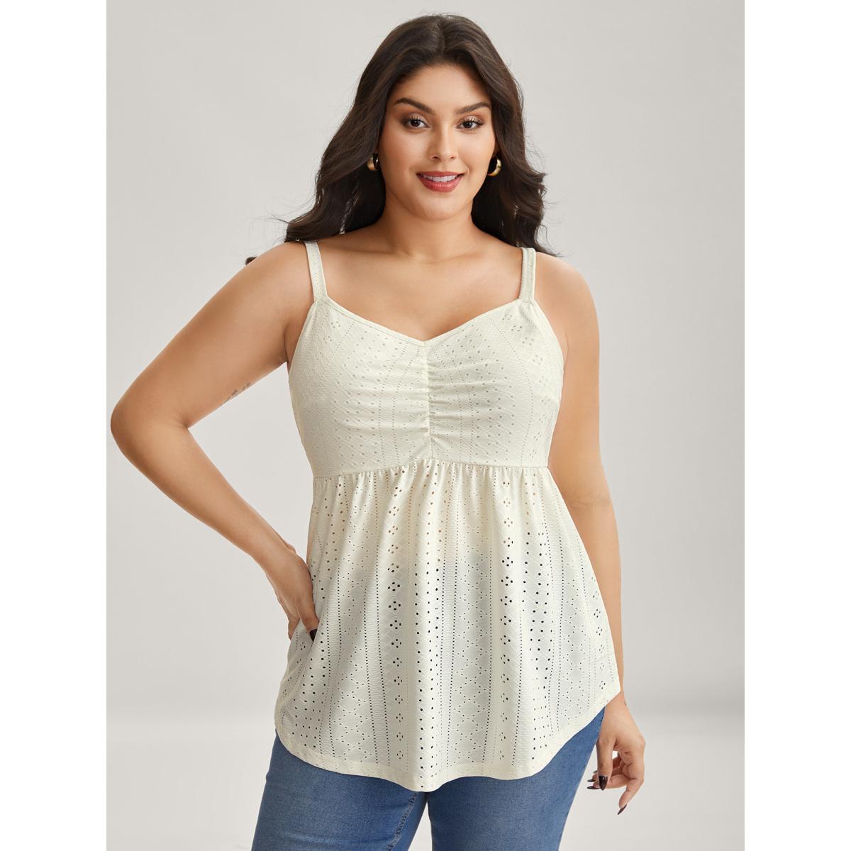 Plus Size Eyelet Trim Ruched Tank Top Women Beige Texture V-neck Everyday-Elegant Tank Tops Camis BloomChic 18-20/2X Product Image