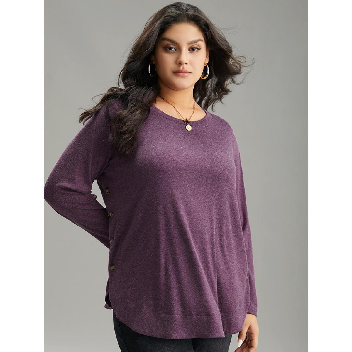 Plus Size Plain Button Detail Curved Hem T-shirt Purple Women Casual Plain Plain Round Neck Dailywear T-shirts BloomChic 30/6X Product Image