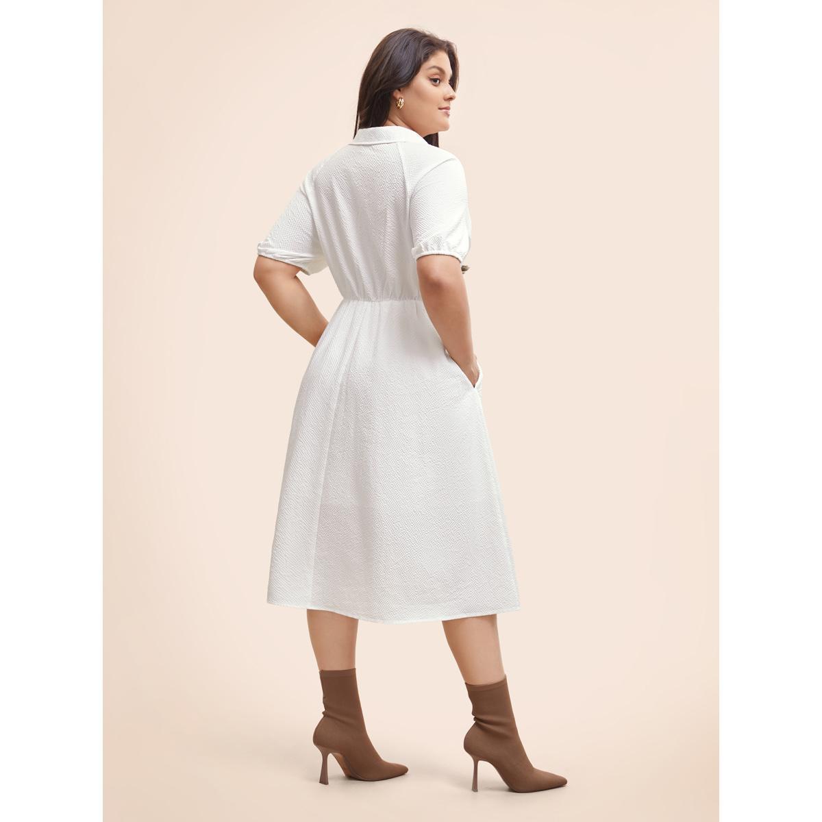 Plus Size Texture Shirt Collar Button Detail Split Front Dress Ivory Women At the Office Texture Shirt collar Half Sleeve Curvy BloomChic 12/L Product Image