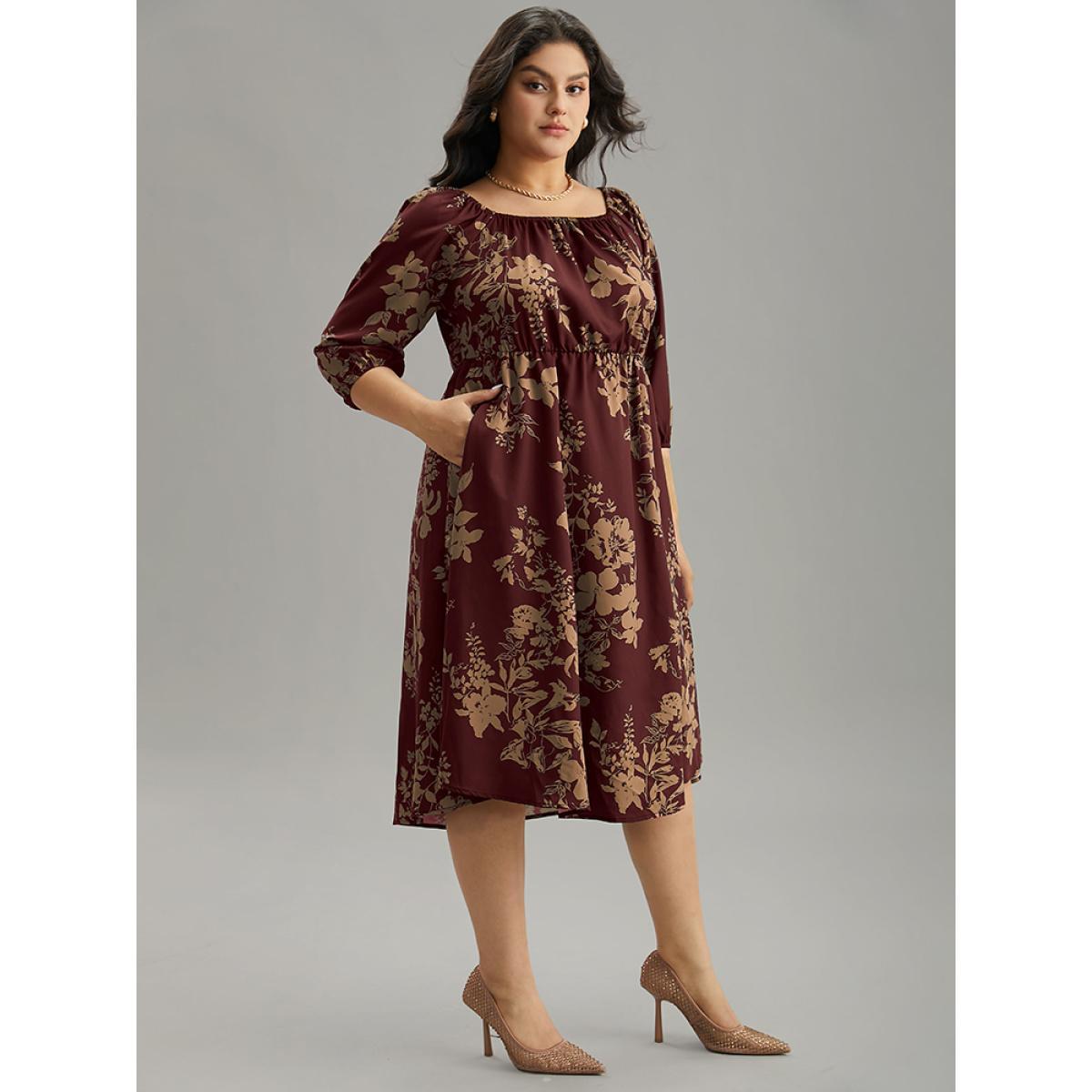 Plus Size Silhouette Floral Print Elastic Cuffs Dress Scarlet Women Elegant Elastic cuffs Square Neck Elbow-length sleeve Curvy Midi Dress BloomChic 28/5X Product Image