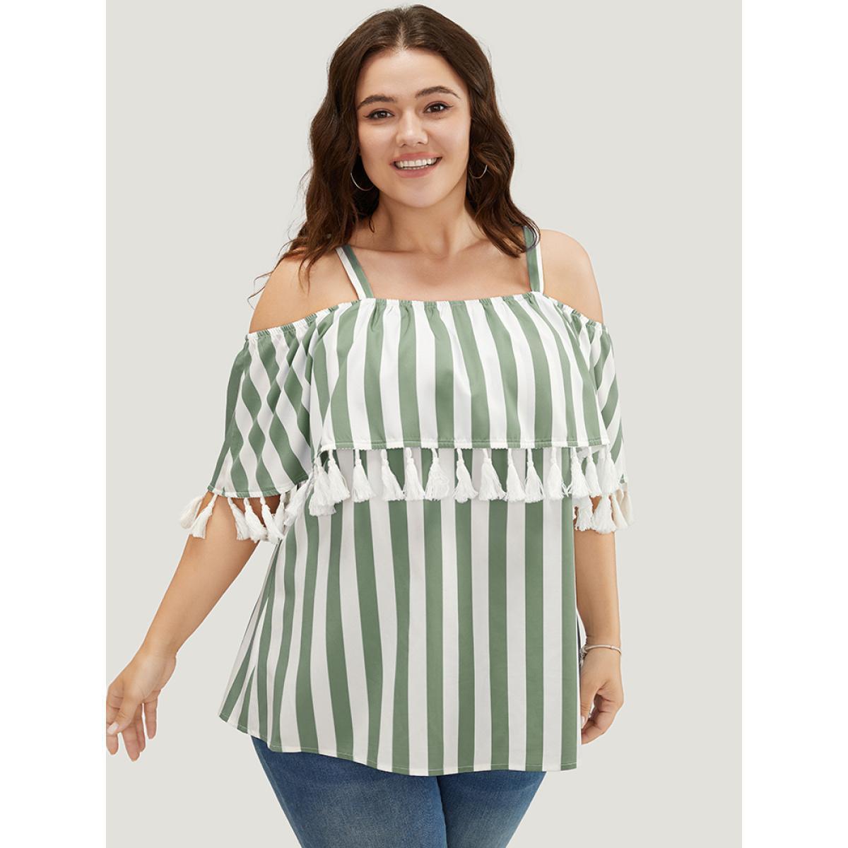 Plus Size Mint Striped Print Tassels Trim Cold Shoulder Blouse Women Vacation Sleeveless Cold Shoulder Dailywear Blouses BloomChic 28/5X Product Image