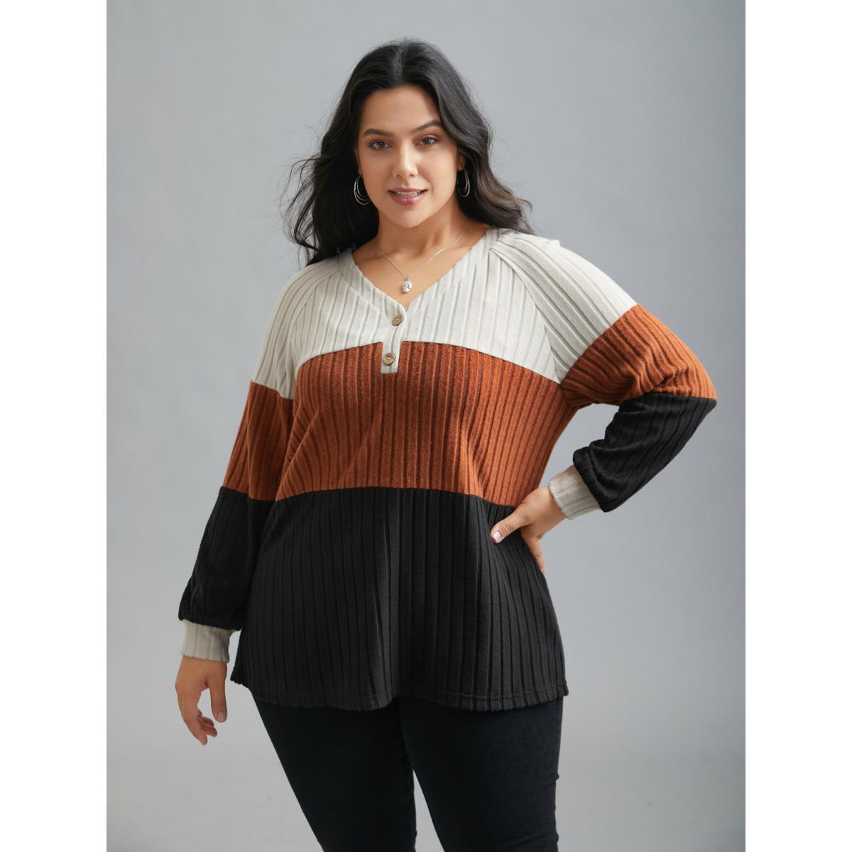 Plus Size Colorblock Contrast Texture Pit Strip T-shirt Beige Women Casual Texture V-neck Everyday T-shirts BloomChic 14-16/1X Product Image