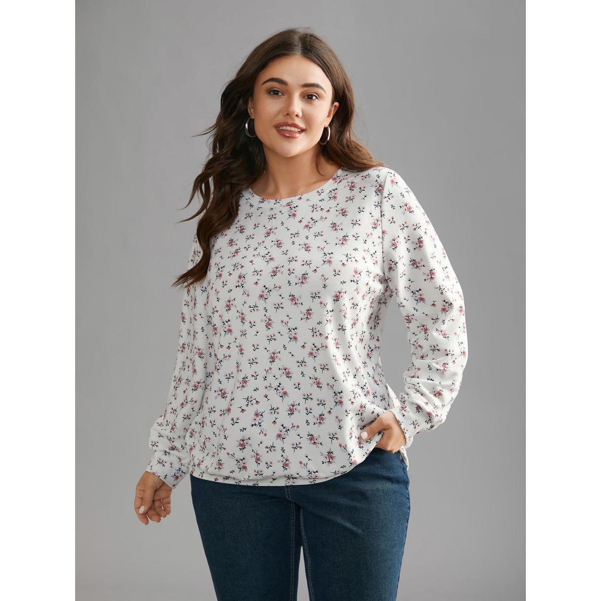 Plus Size Ditsy Floral Round Neck Sweatshirt Women Multicolor Casual Contrast Loose Round Neck Everyday Sweatshirts BloomChic 18-20/2X Product Image