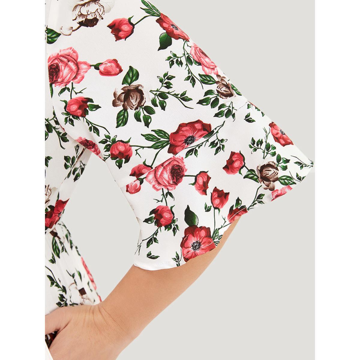Plus Size Floral Print Pleated Hem Pocket Bell Sleeve Midi Dress Multicolor Women Elegant Pleated Round Neck Half Sleeve Curvy Midi Dress BloomChic 12/L Product Image