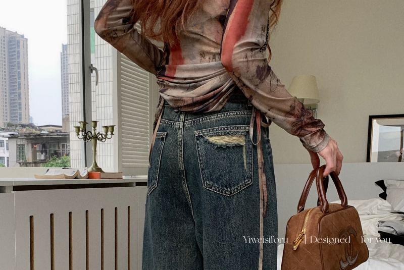 Mid Rise Washed Ripped Wide Leg Jeans Product Image