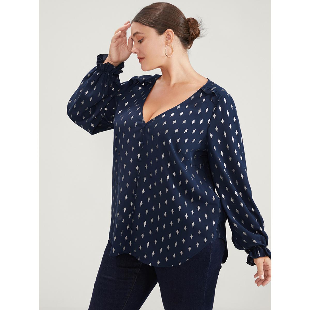 Plus Size Indigo Geometric Print Lantern Sleeve V Neck Blouse Women Party Long Sleeve V-neck Going out Blouses BloomChic 10/M Product Image