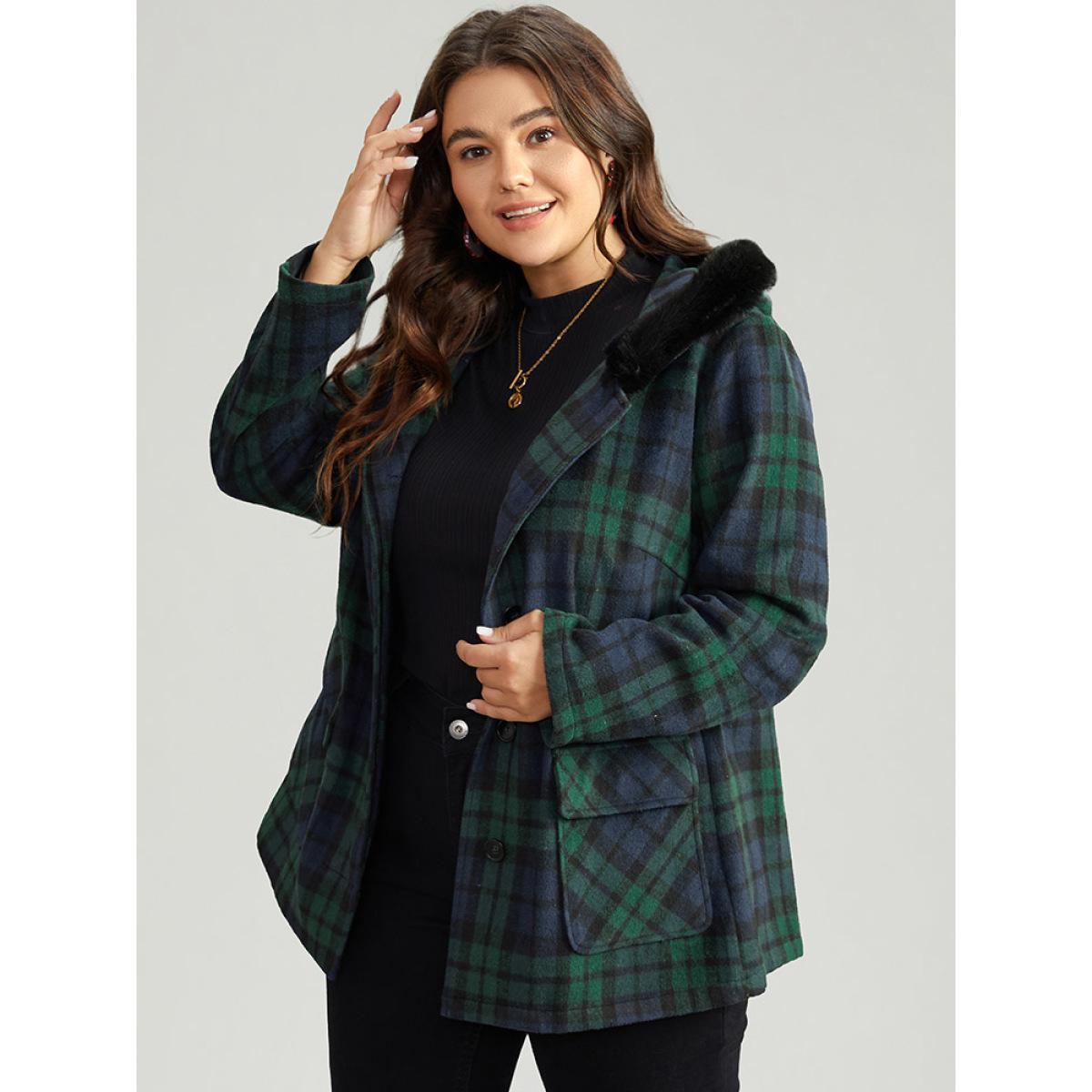 Plus Size Plaid Button Fly Hooded Fuzzy Trim Coat Women Emerald Casual Contrast Ladies Dailywear Winter Coats BloomChic 14-16/1X Product Image