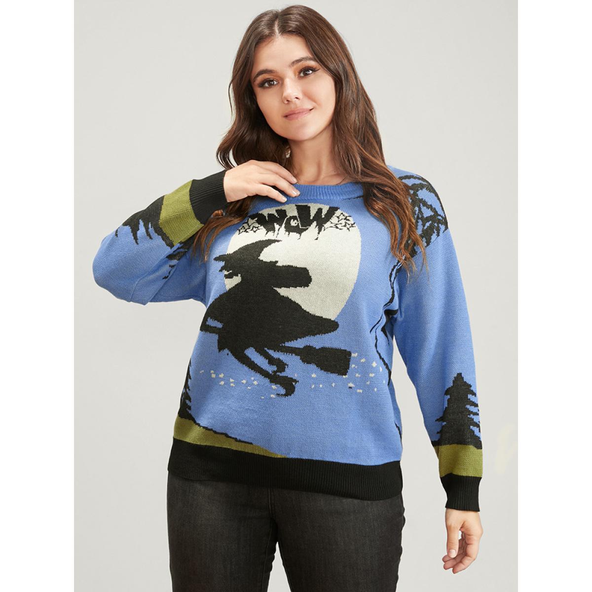 Plus Size Halloween Contrast Pointelle Knit Jacquard Knit Top LightBlue Women Casual Long Sleeve Round Neck Dailywear Pullovers BloomChic 18-20/2X Product Image