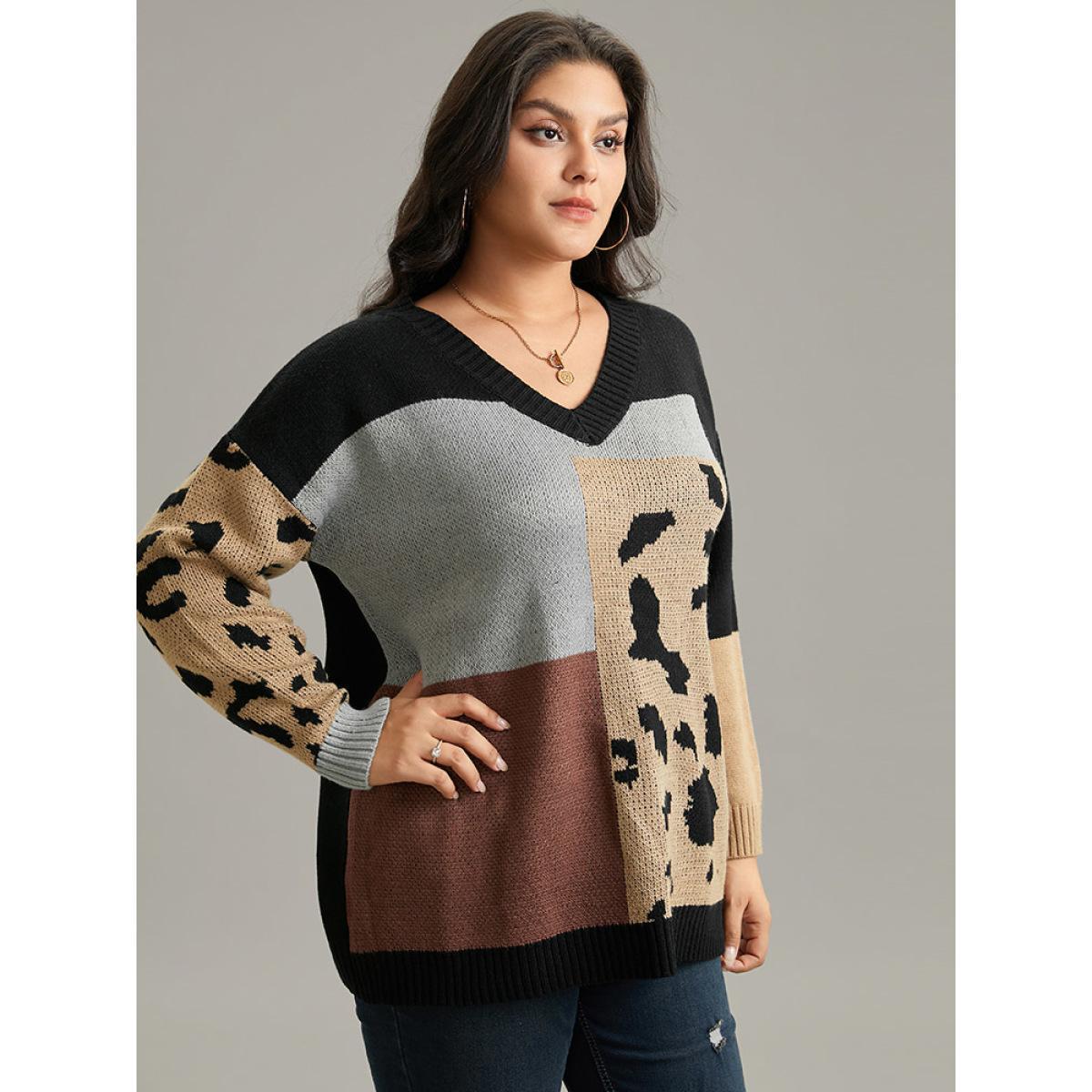 Plus Size Leopard Colorblock Contrast Pullover Black Women Casual Loose Long Sleeve V-neck Everyday Pullovers BloomChic 12/L Product Image