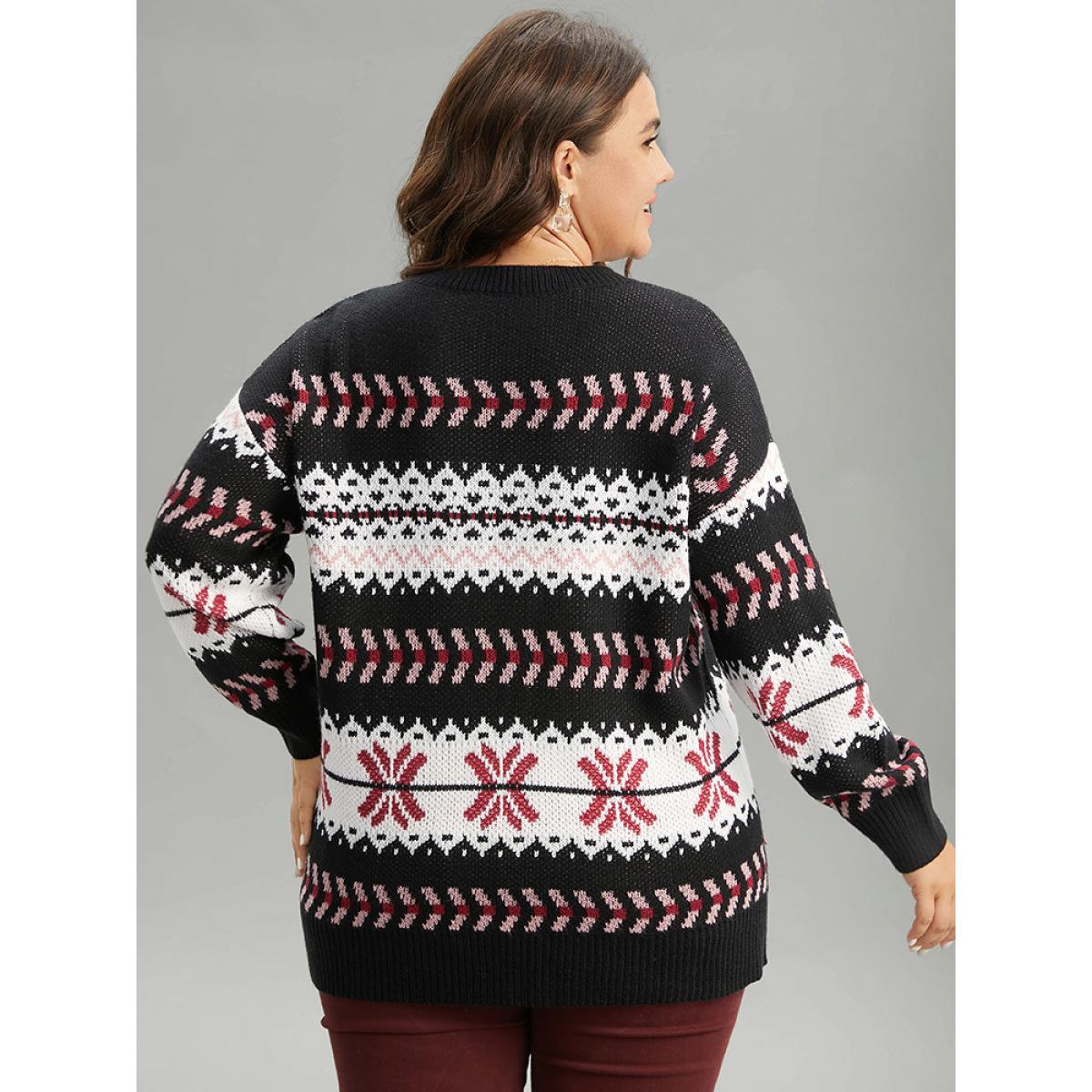 Plus Size Bandana Geo Print Drop Shoulder Pullover Multicolor Women Casual Loose Long Sleeve Round Neck Dailywear Pullovers BloomChic 12/L Product Image