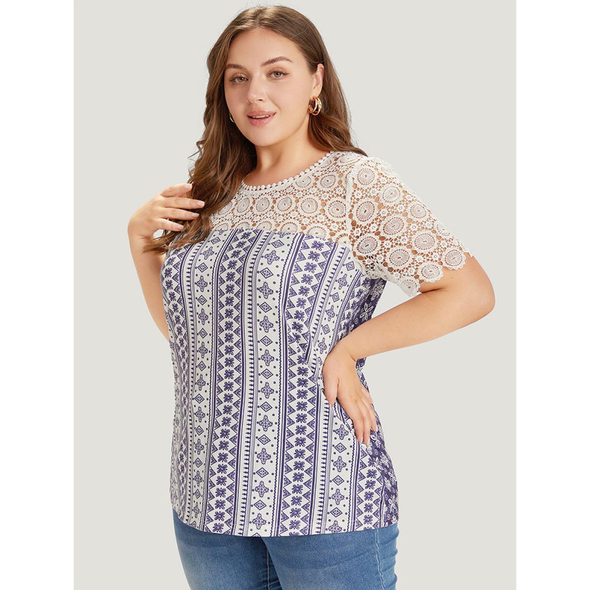 Plus Size Bandana Print Lace Patchwork Pompom Trim T-shirt DarkBlue Women Elegant Lace Bohemian Print Round Neck Dailywear T-shirts BloomChic 10/M Product Image