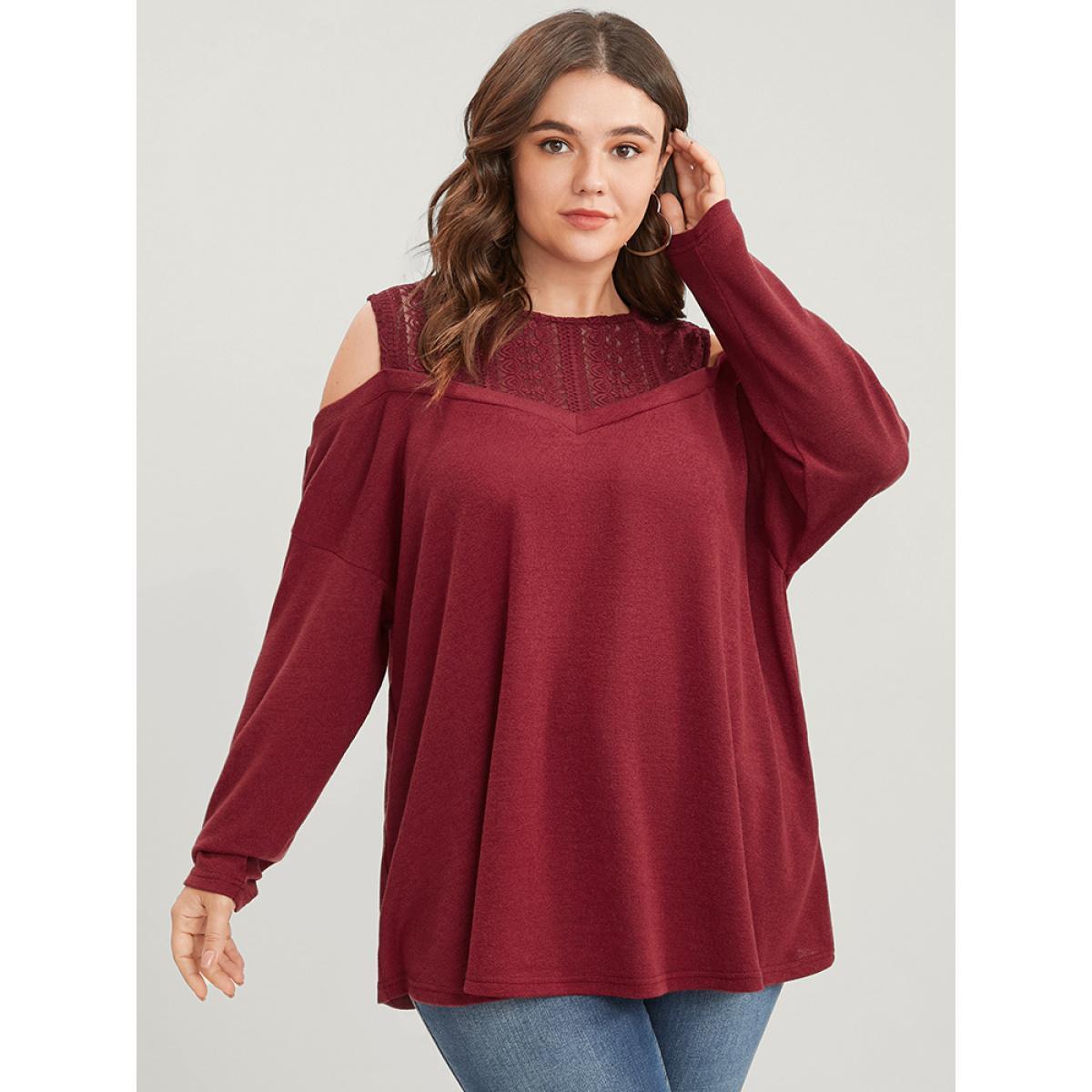 Plus Size Solid Lace Mesh Cold Shoulder Sweatshirt Women Burgundy Elegant See through Round Neck Dailywear Sweatshirts BloomChic 30/6X Product Image