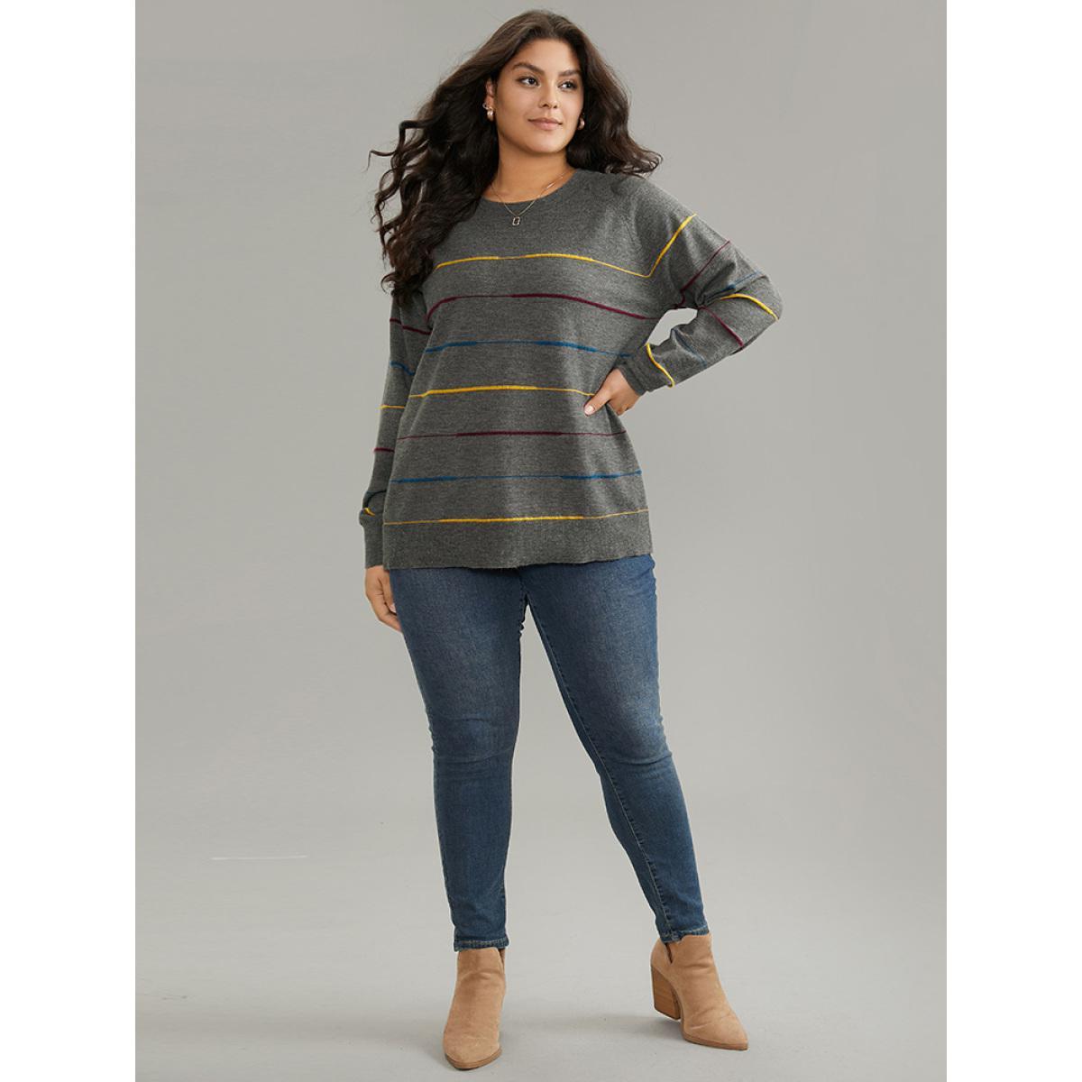 Plus Size Anti-Pilling Contrast Pinstripe Raglan Sleeve Pullover DimGray Women Casual Loose Long Sleeve Round Neck Dailywear Pullovers BloomChic 18-20/2X Product Image