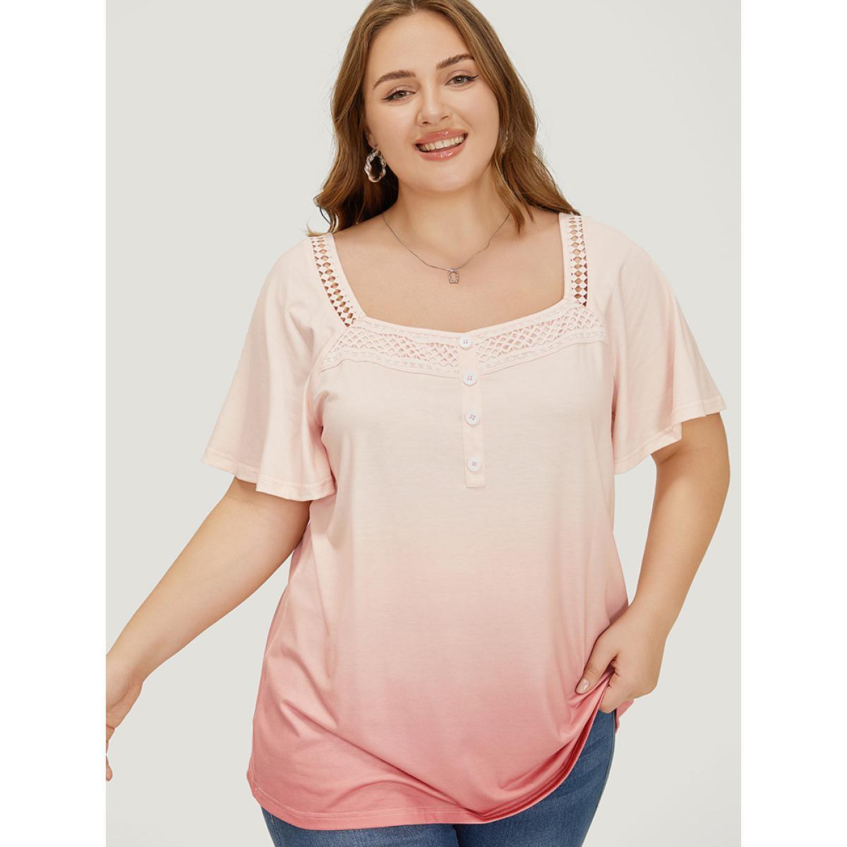 Plus Size Ombre Print Ruffle Sleeve Contrast Lace T-shirt OrangeRed Women Elegant Lace Ombre Square Neck Dailywear T-shirts BloomChic 26/4X Product Image