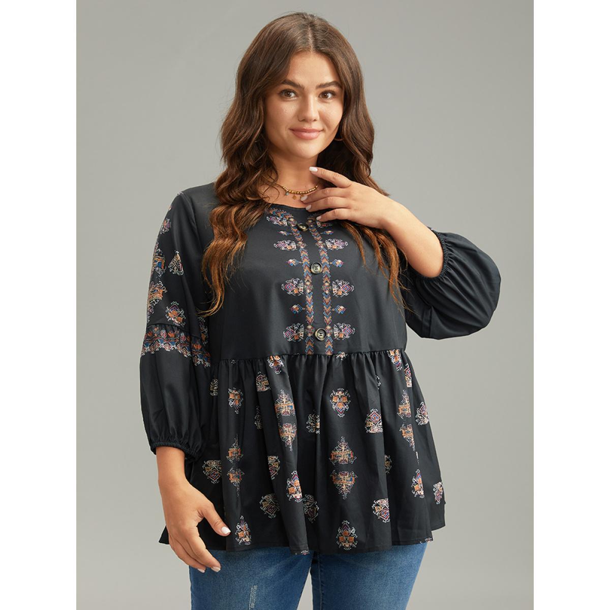 Plus Size Black Boho Print Lantern Sleeve Button Detail Blouse Women Vacation Elbow-length sleeve Round Neck Vacation Blouses BloomChic 26/4X Product Image