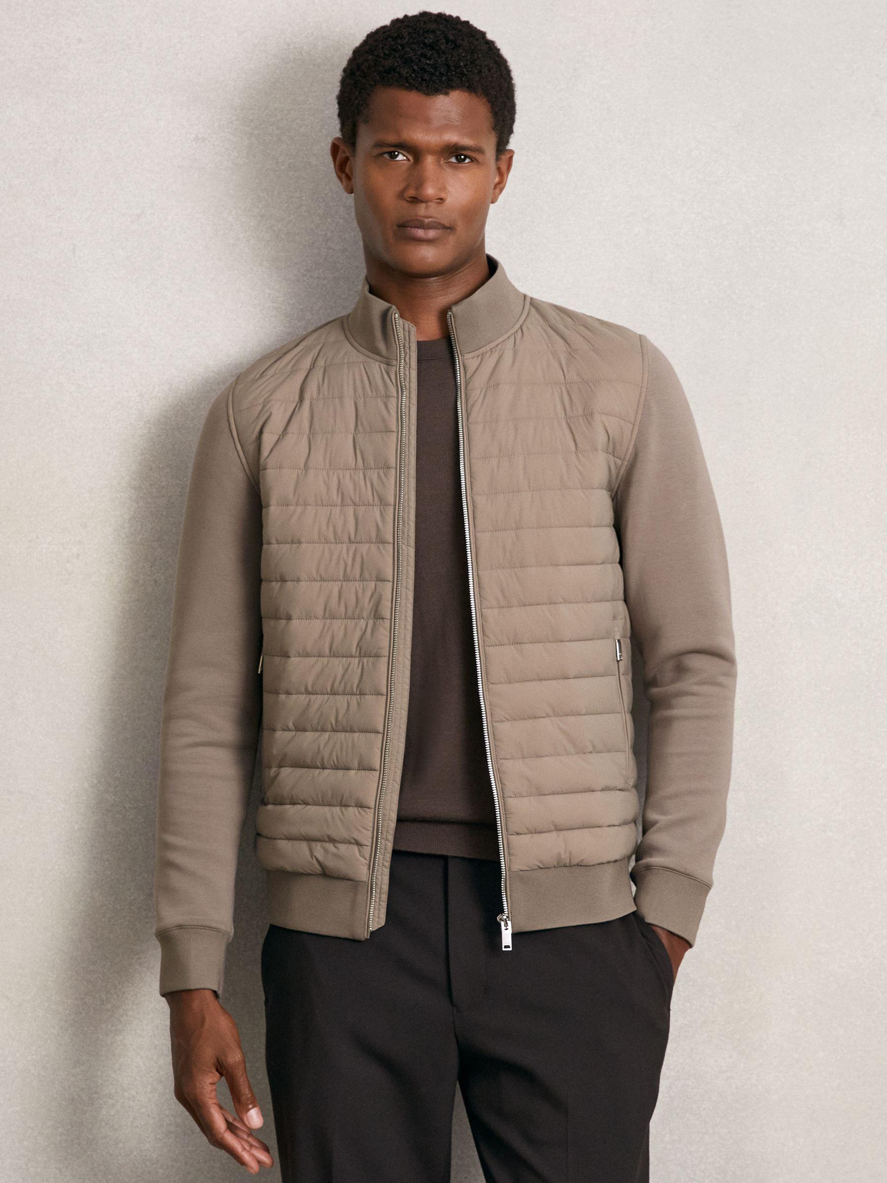 Hybrid Quilt and Knit Zip-Through Jacket in Taupe Brown Product Image