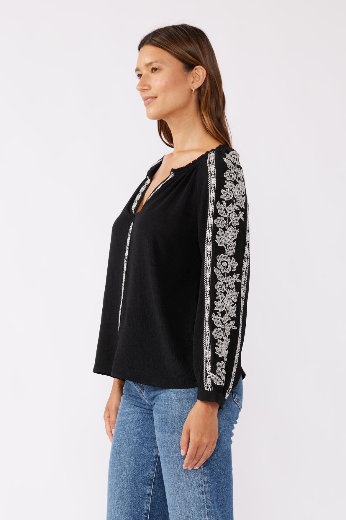 Embroidered Long Sleeve V-Split Neck Top Product Image