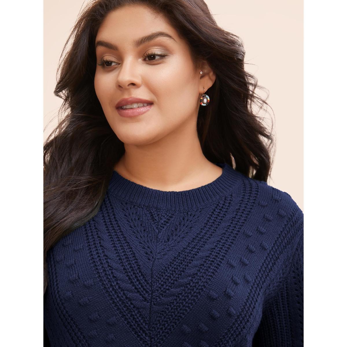 Plus Size Solid Round Neck Cable Knit Pullover Indigo Women Casual Long Sleeve Round Neck Everyday Pullovers BloomChic 26/4X Product Image
