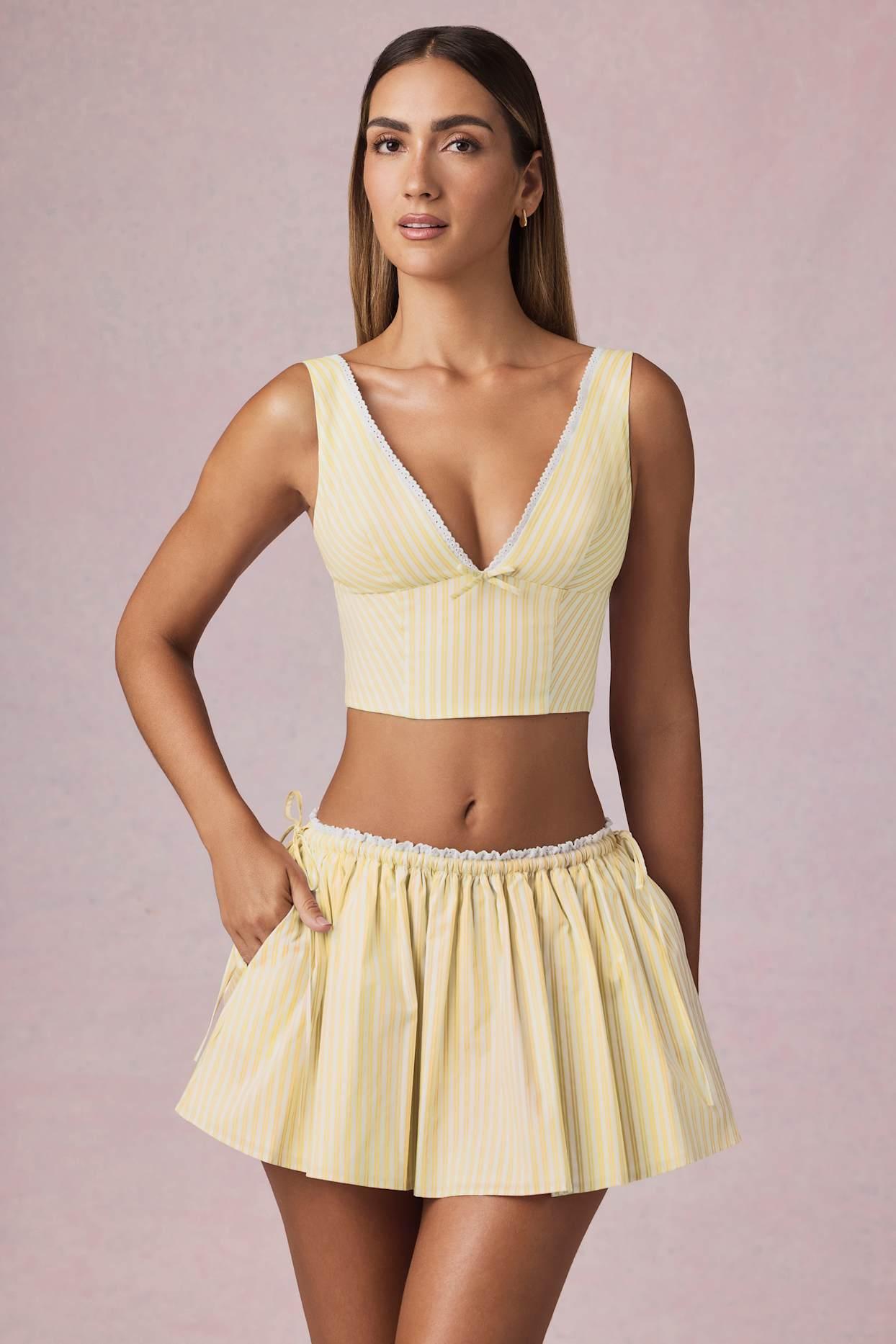 Ruched Drawstring Mini Skirt in Lemon Yellow Stripe Product Image