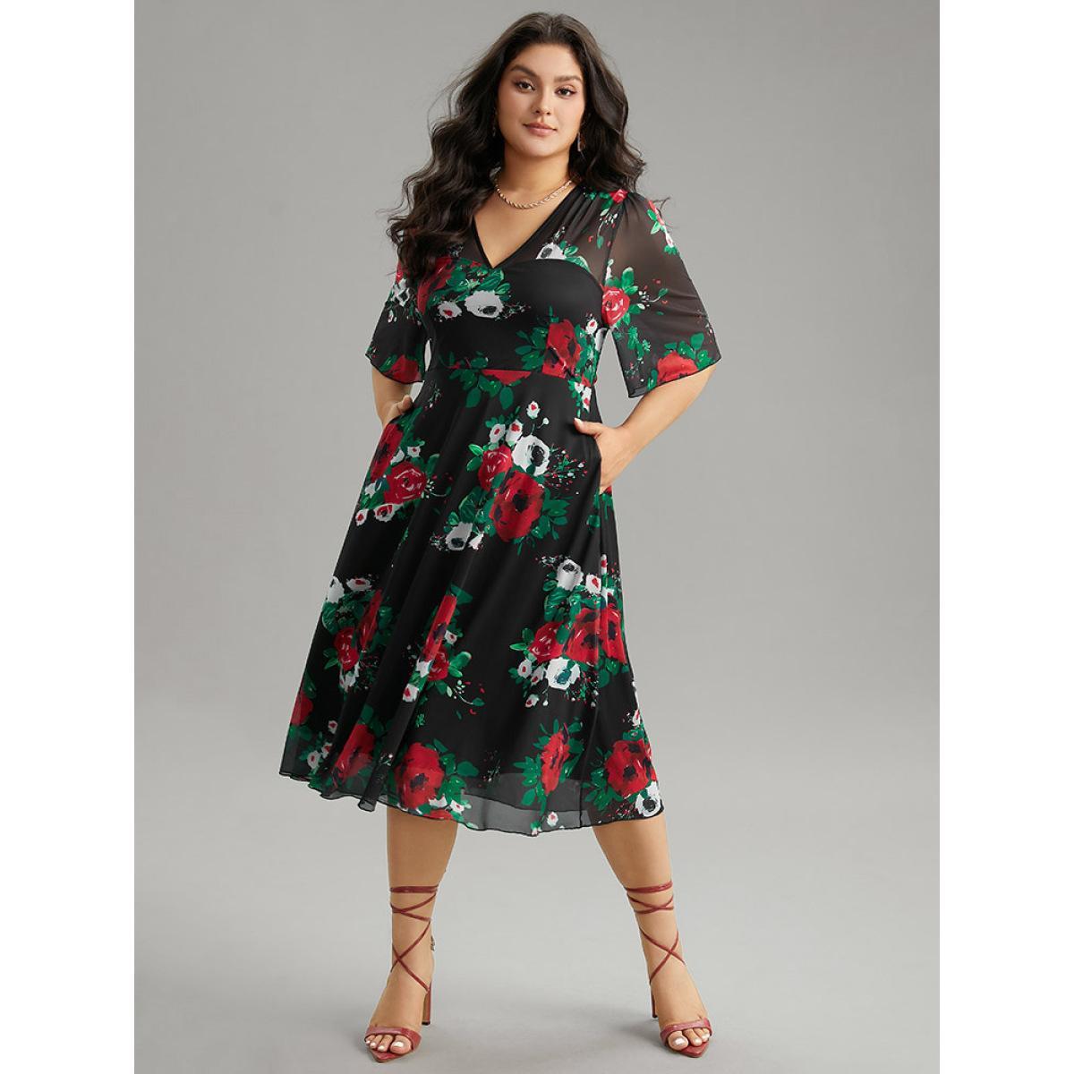Plus Size Floral Mesh Patchwork Elastic Waist Dress Black Women Cocktail See through V-neck Half Sleeve Curvy Midi Dress BloomChic 30/6X Product Image