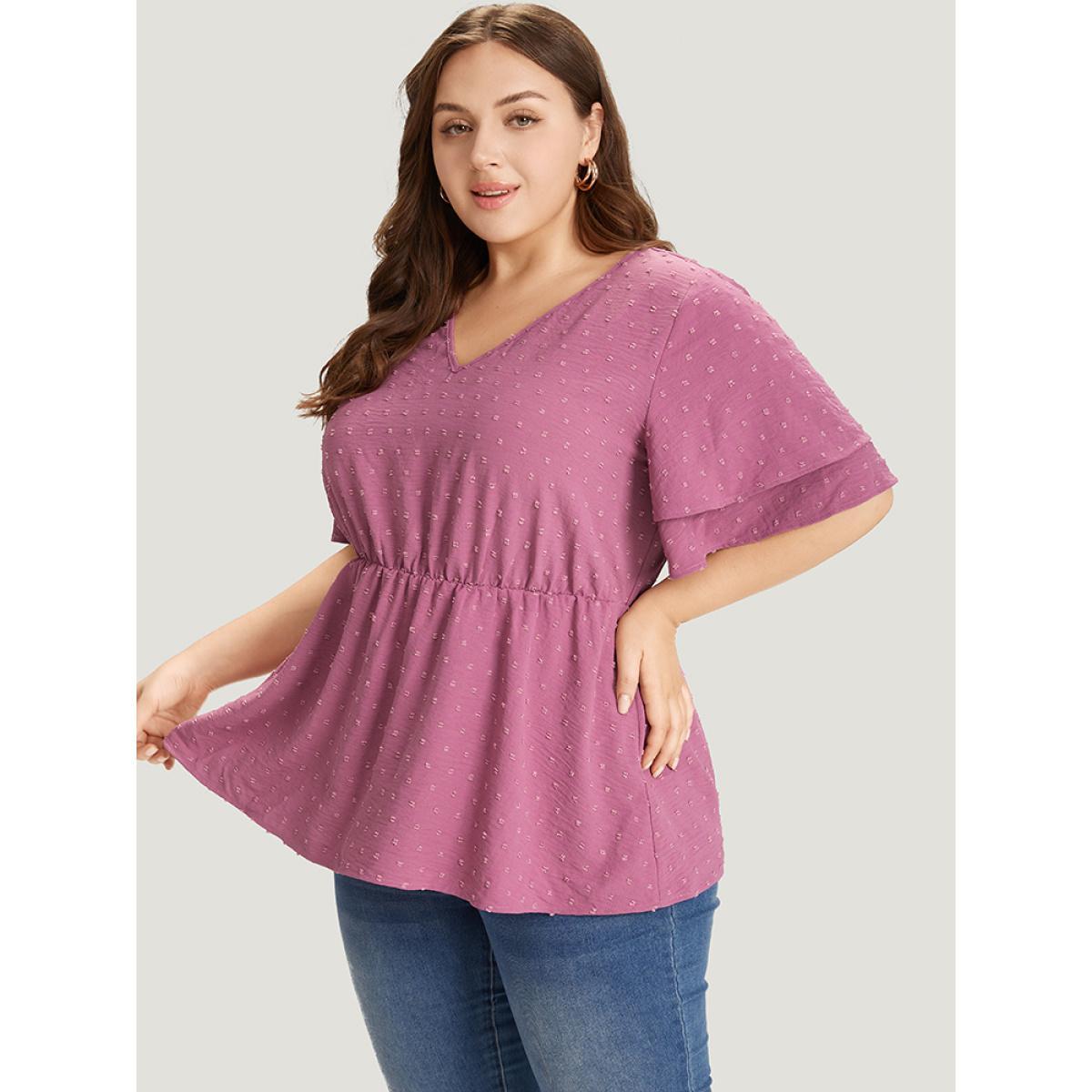 Plus Size Purple Polka Dot Elastic Waist Ruffle Sleeve Layered Blouse Women Elegant Short sleeve V-neck Dailywear Blouses BloomChic 28/5X Product Image