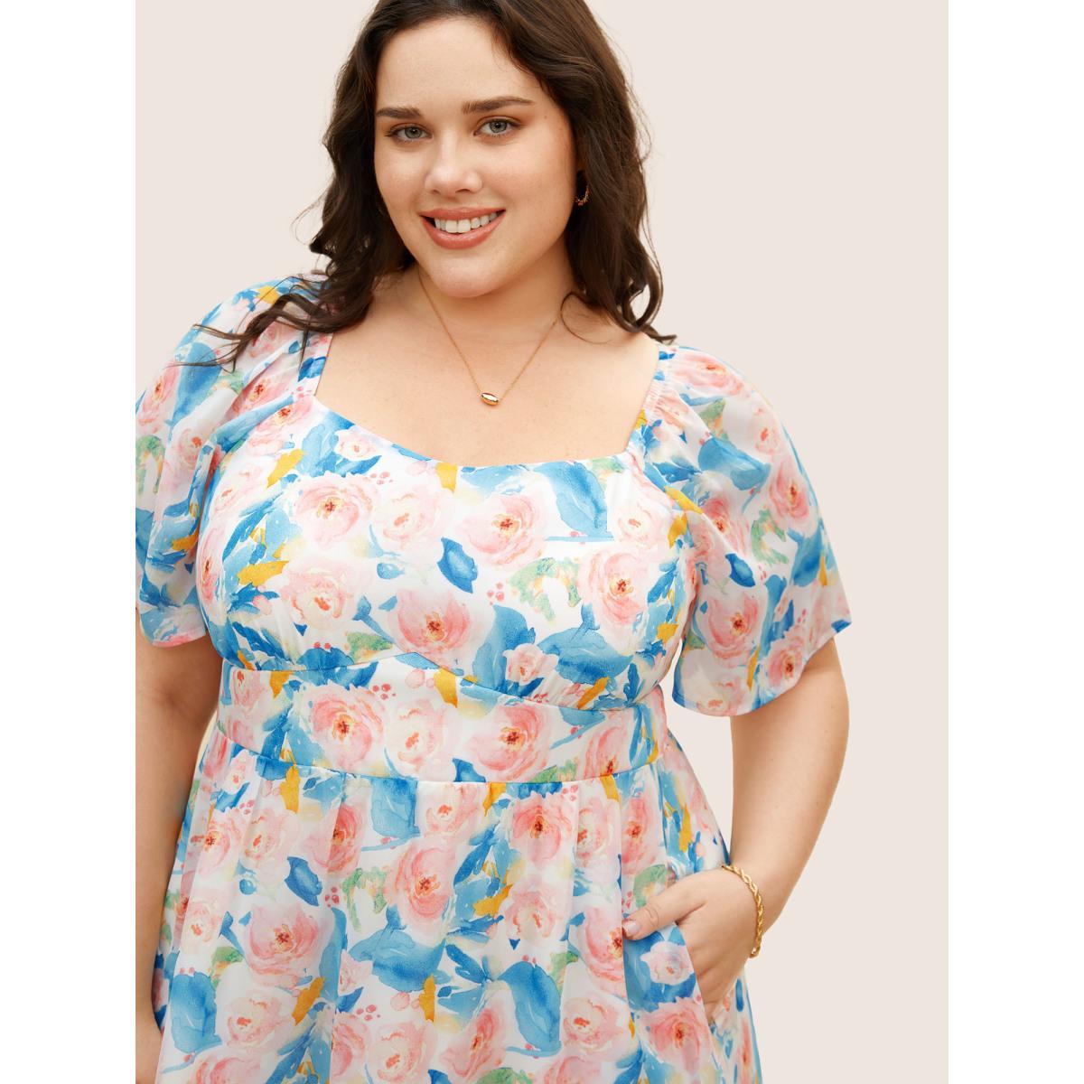 Plus Size Watercolor Floral Shirred Puff Sleeve Midi Dress Skyblue Women Elegant Shirred Heart neckline Short sleeve Curvy BloomChic 14-16/1X Product Image