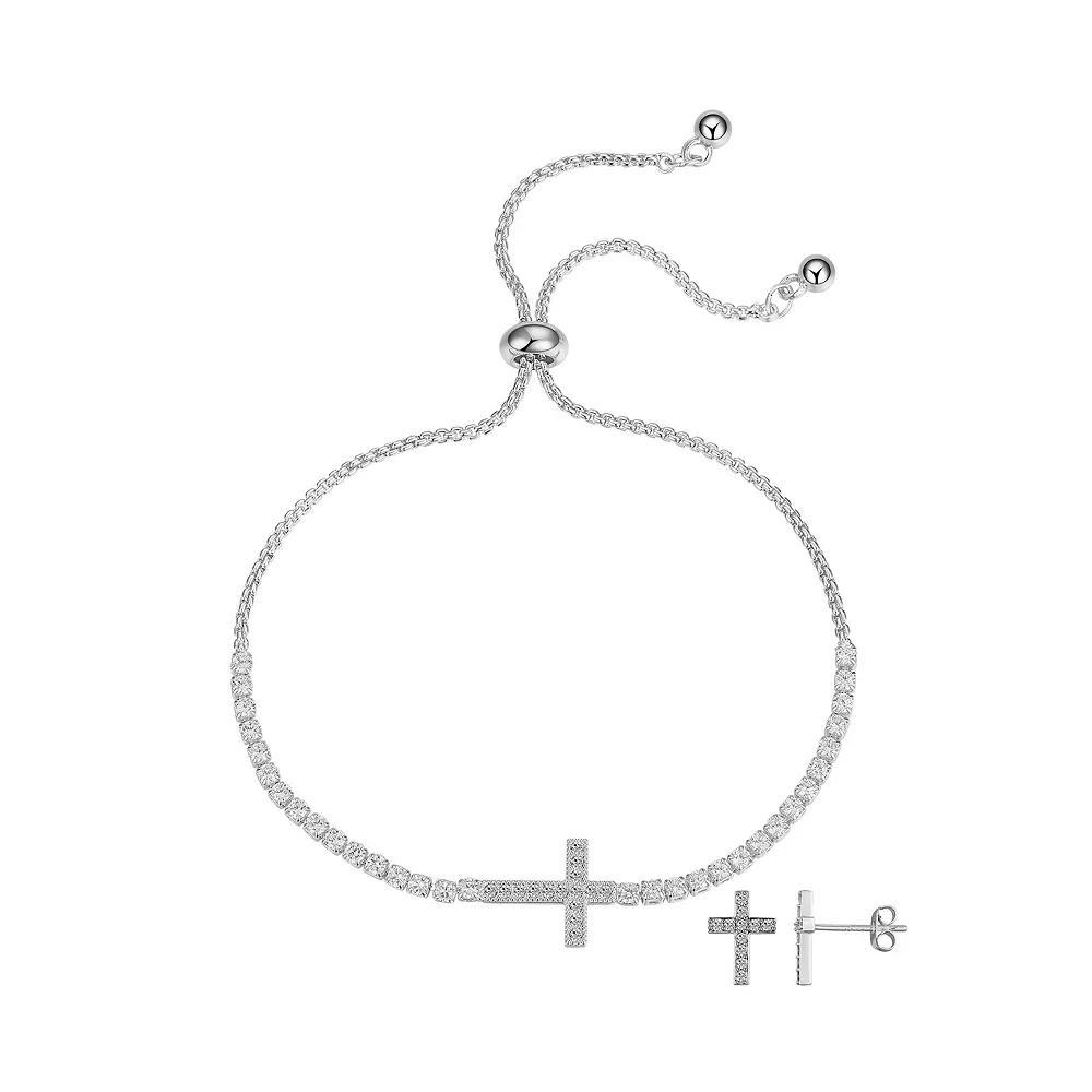 Gratitude & Grace Fine Silver Plated Cubic Zirconia Cross Adjustable Bracelet & Stud Earrings Set, Women's, Silver Tone Product Image