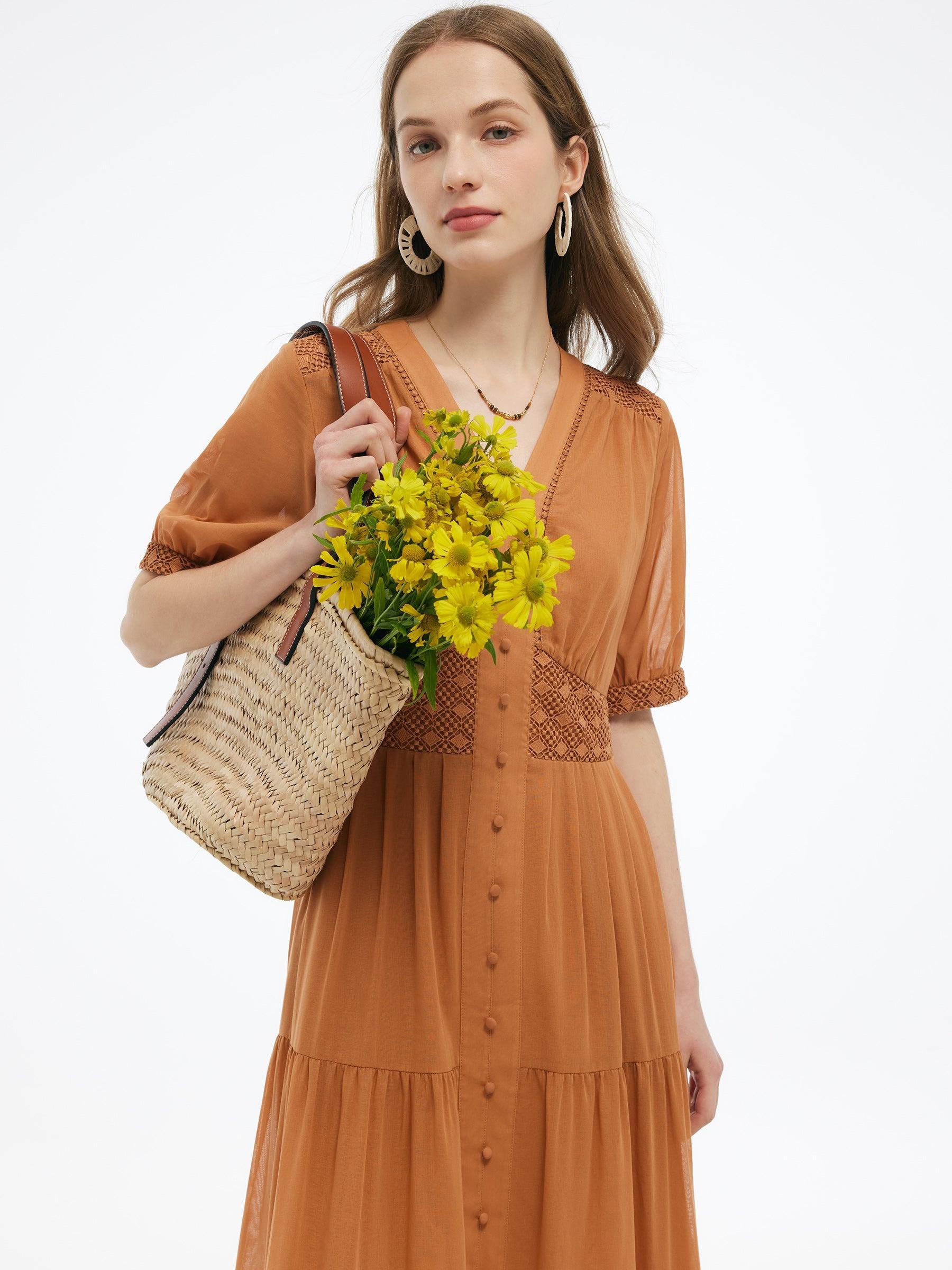 100% Cotton Patchwork Lace Embroidered Women Maxi Dress Product Image