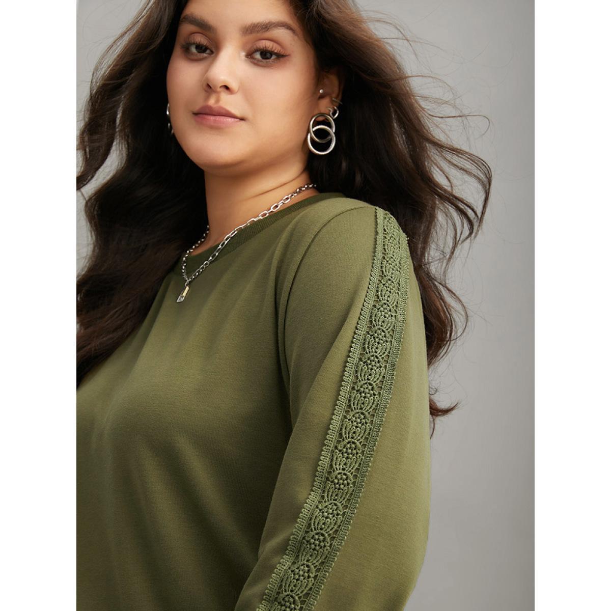 Plus Size Guipure Lace Solid Elastic Hem Sweatshirt Women Olive Elegant Rib Knit Round Neck Dailywear Sweatshirts BloomChic 26/4X Product Image