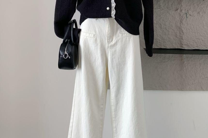 Lace Trim Hooded Plain Cardigan Product Image