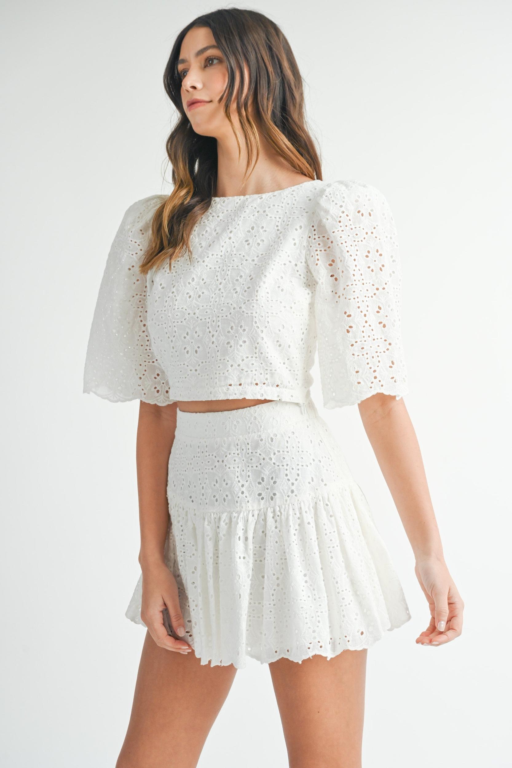 Eyelet Lace Puff Sleeve Crop Top & Skirt Set Product Image