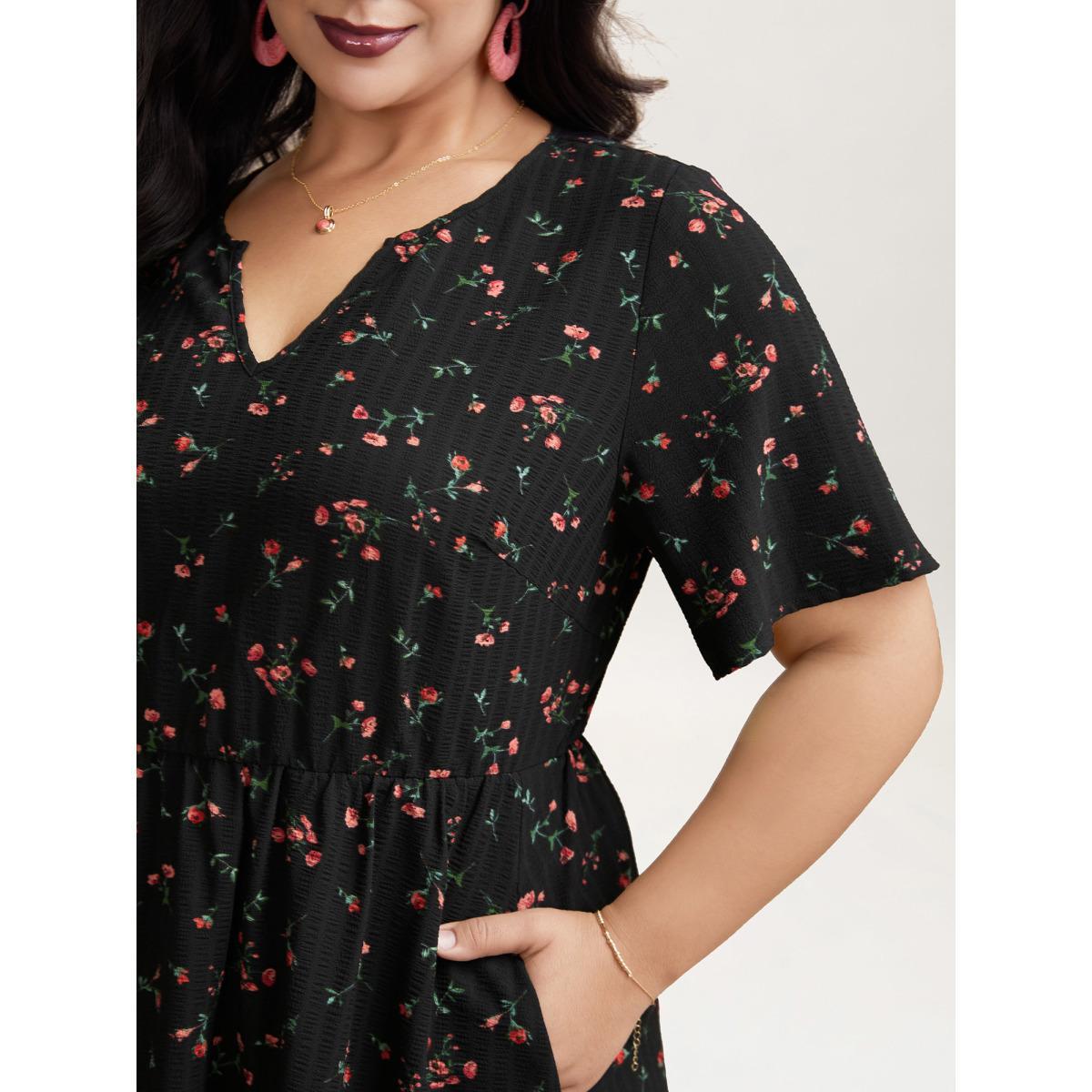 Plus Size Floral Flared Sleeve Tiered Midi Dress Black Women Elegant Texture Notched collar Short sleeve Curvy BloomChic 14-16/1X Product Image