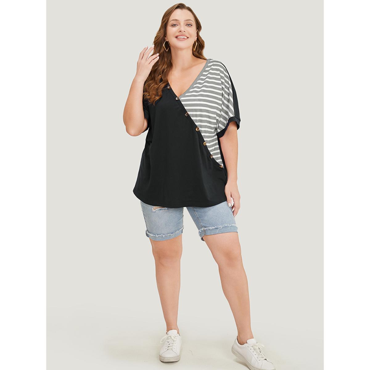 Plus Size Striped Contrast Wrap Batwing Sleeve Patchwork T-shirt Gray Women Casual Wrap Striped V-neck Dailywear T-shirts BloomChic 10/M Product Image