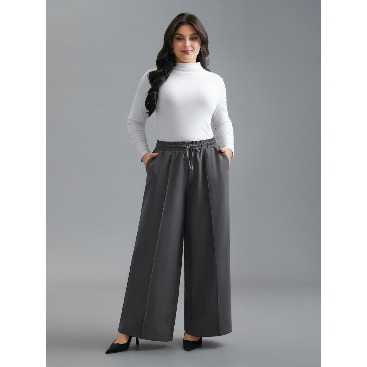 Plus Size Elastic Waist Plicated Detail Slant Pocket Pants Women DimGray Casual Loose Mid Rise Everyday Pants BloomChic 14-16/1X Product Image