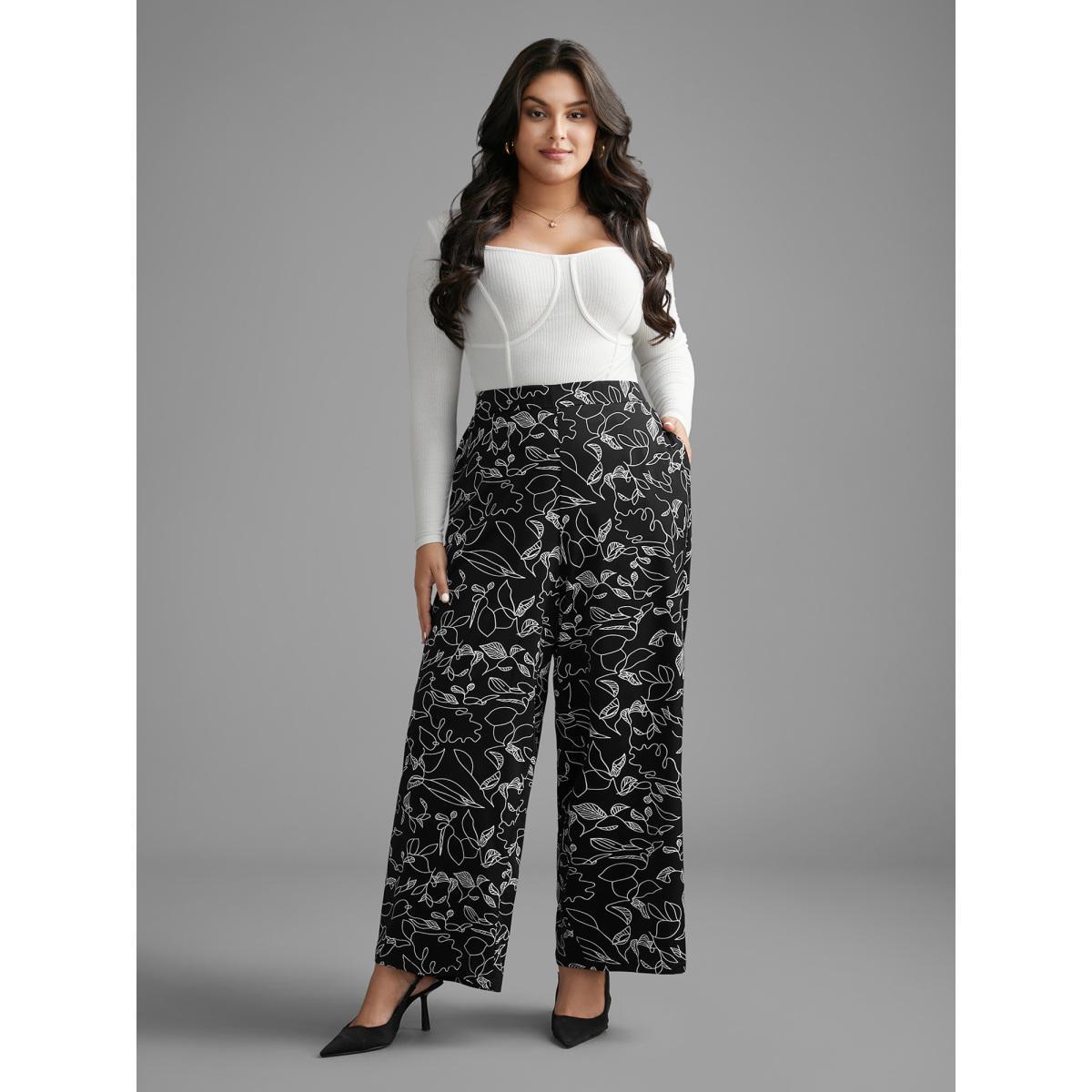 Plus Size Graffiti Print Elastic Waist Wide Leg Pants Women BlackFlower At the Office Wide Leg Mid Rise Work Pants BloomChic 12/L Product Image