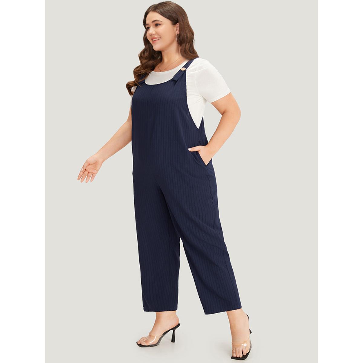 Plus Size DarkBlue Solid Button Patchwork Pocket Cami Jumpsuit Women Elegant Sleeveless Scoop Neck Dailywear Loose Jumpsuits BloomChic 18-20/2X Product Image