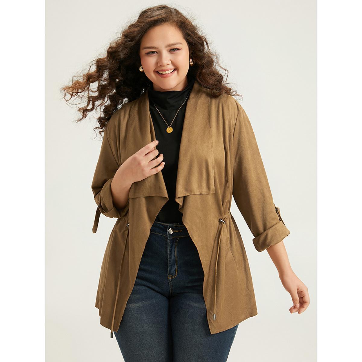 Plus Size Asymmetrical Neck Drawstring Tab Sleeve Coat Women Tan Casual Drawstring Ladies Everyday Winter Coats BloomChic 22-24/3X Product Image