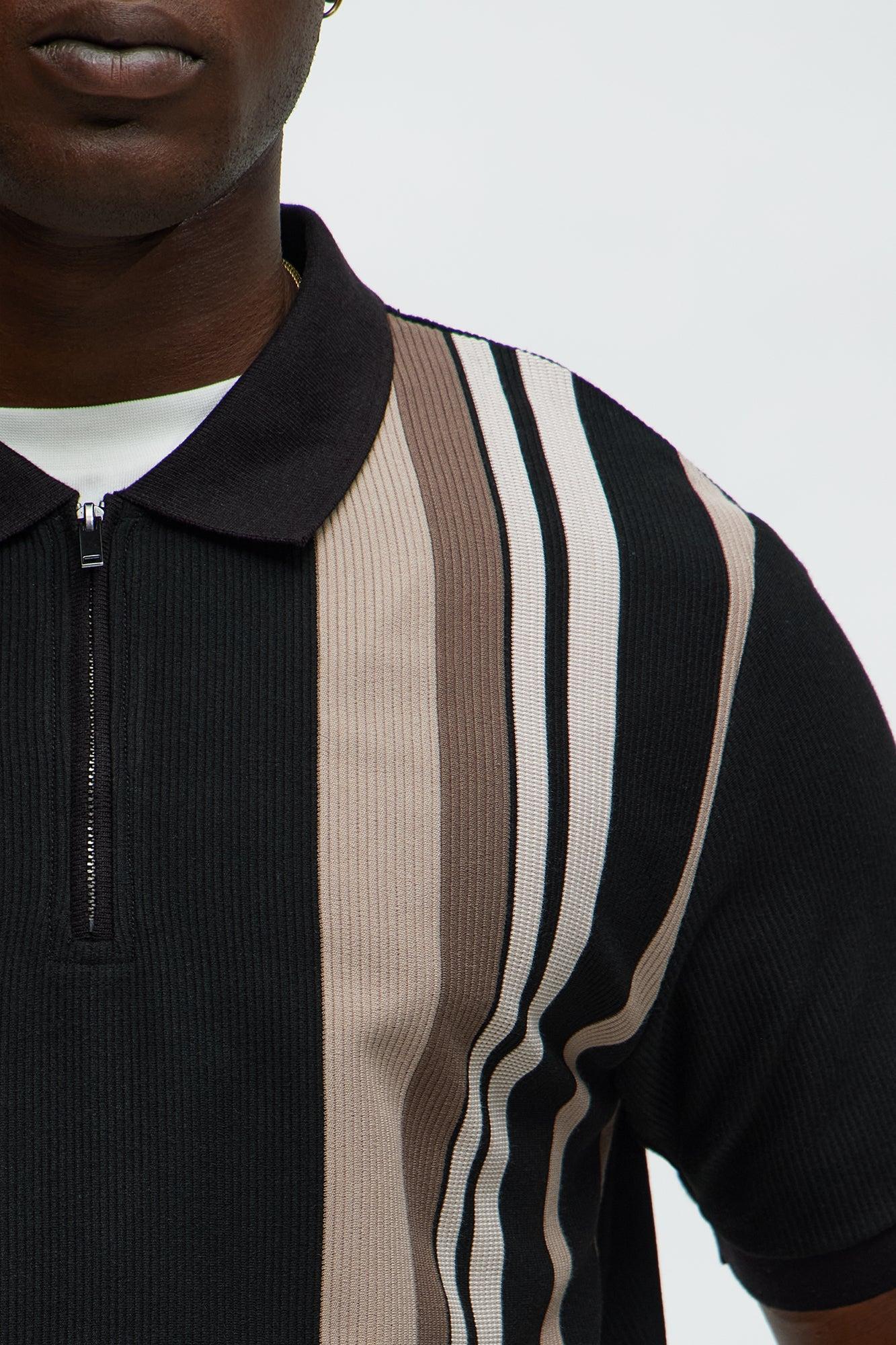 Textured Striped Quarter Zip Polo - Black Product Image