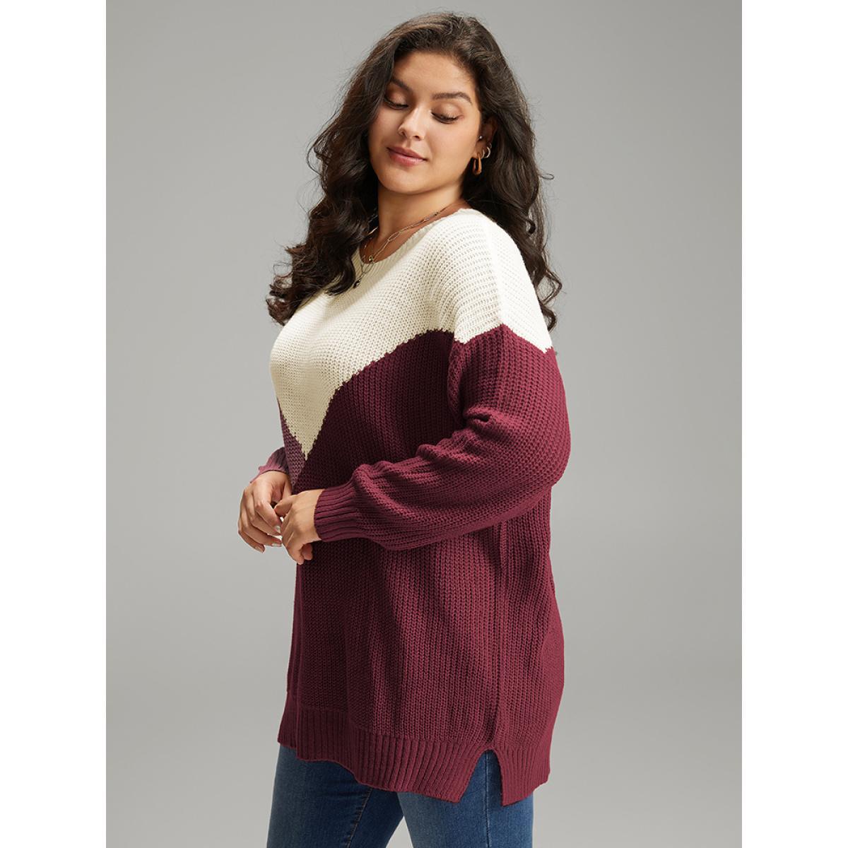 Plus Size Colorblock Split Side Drop Shoulder Pullover Scarlet Women Casual Loose Long Sleeve Round Neck Dailywear Pullovers BloomChic 22-24/3X Product Image