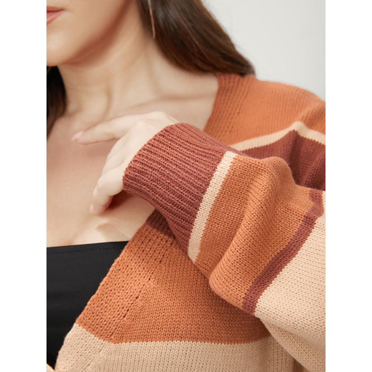 Plus Size Colorblock Contrast Pointelle Knit Button Front Cardigan Bronze Women Casual Long Sleeve Dailywear Cardigans BloomChic 14-16/1X Product Image