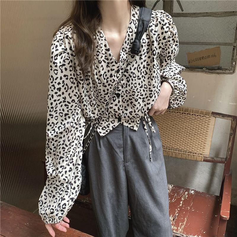 Long-Sleeve V-Neck Leopard Print Drawstring Blouse Product Image