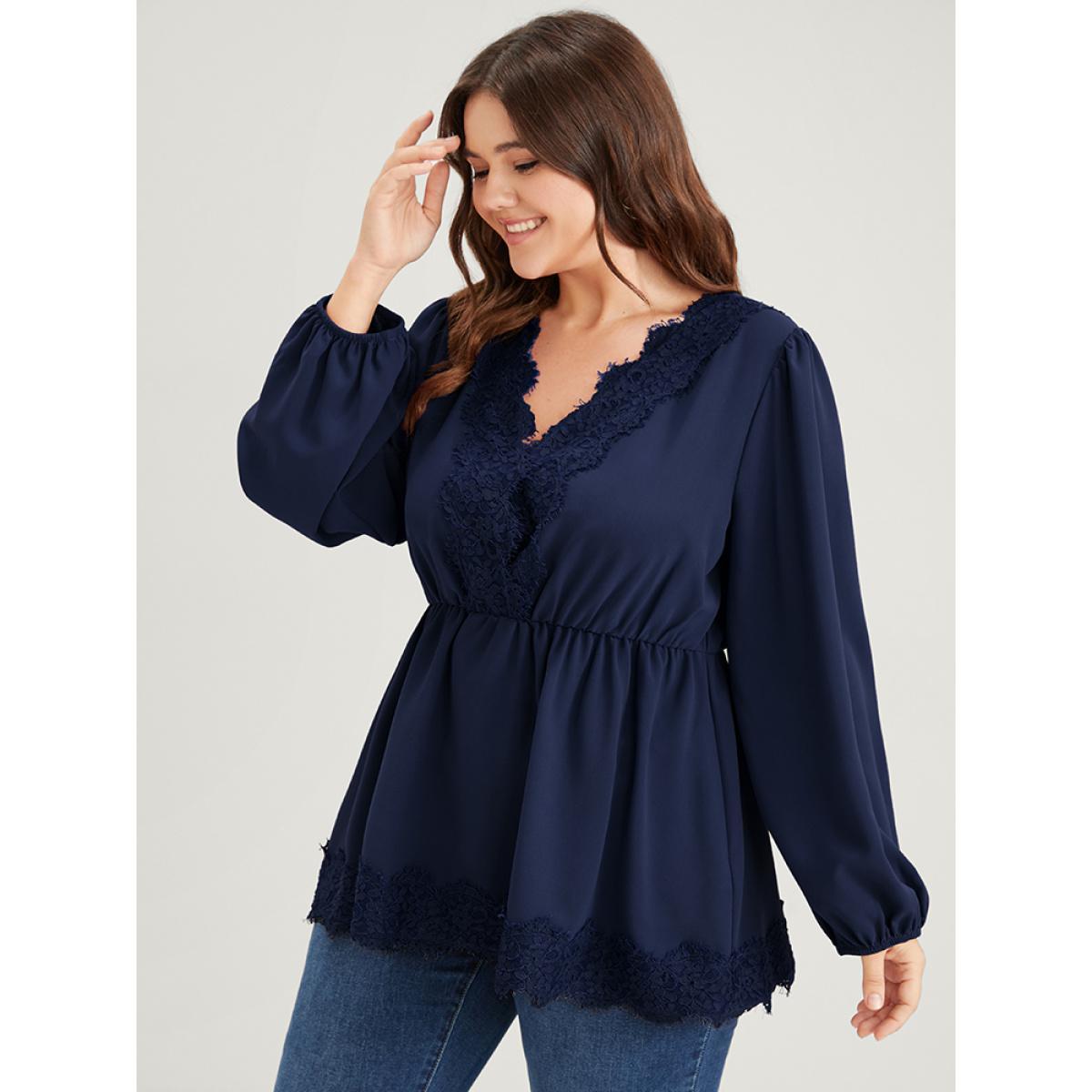 Plus Size Navy Solid Lantern Sleeve Ruffle Hem Lace Trim Blouse Women Elegant Long Sleeve V-neck Dailywear Blouses BloomChic 22-24/3X Product Image