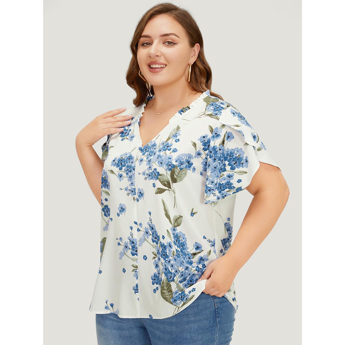 Plus Size White Floral Frill Trim Petal Sleeve Blouse Women Elegant Short sleeve V-neck Dailywear Blouses BloomChic 22-24/3X Product Image