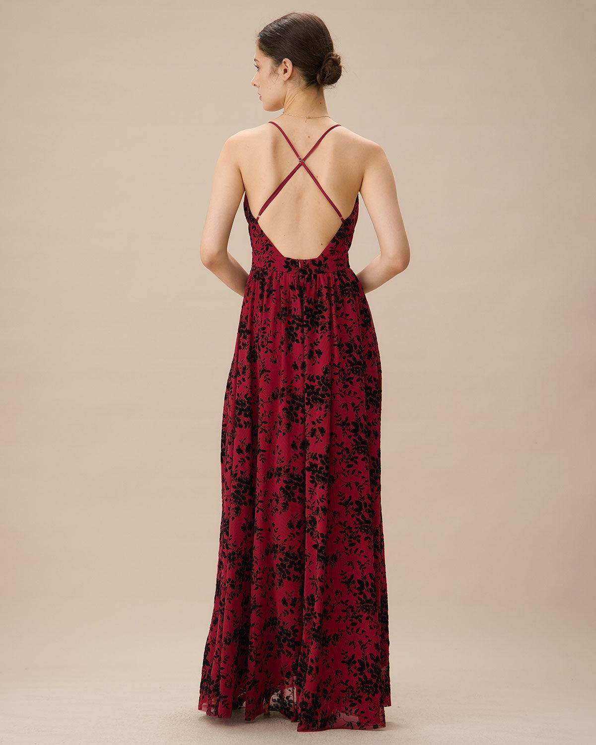 Red Floral Flocked Mesh Slit Maxi Dress Product Image