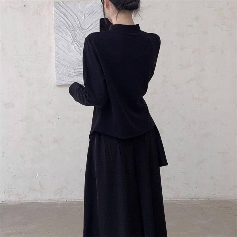 Long-Sleeve Mock Neck Asymmetrical Plain Top Product Image