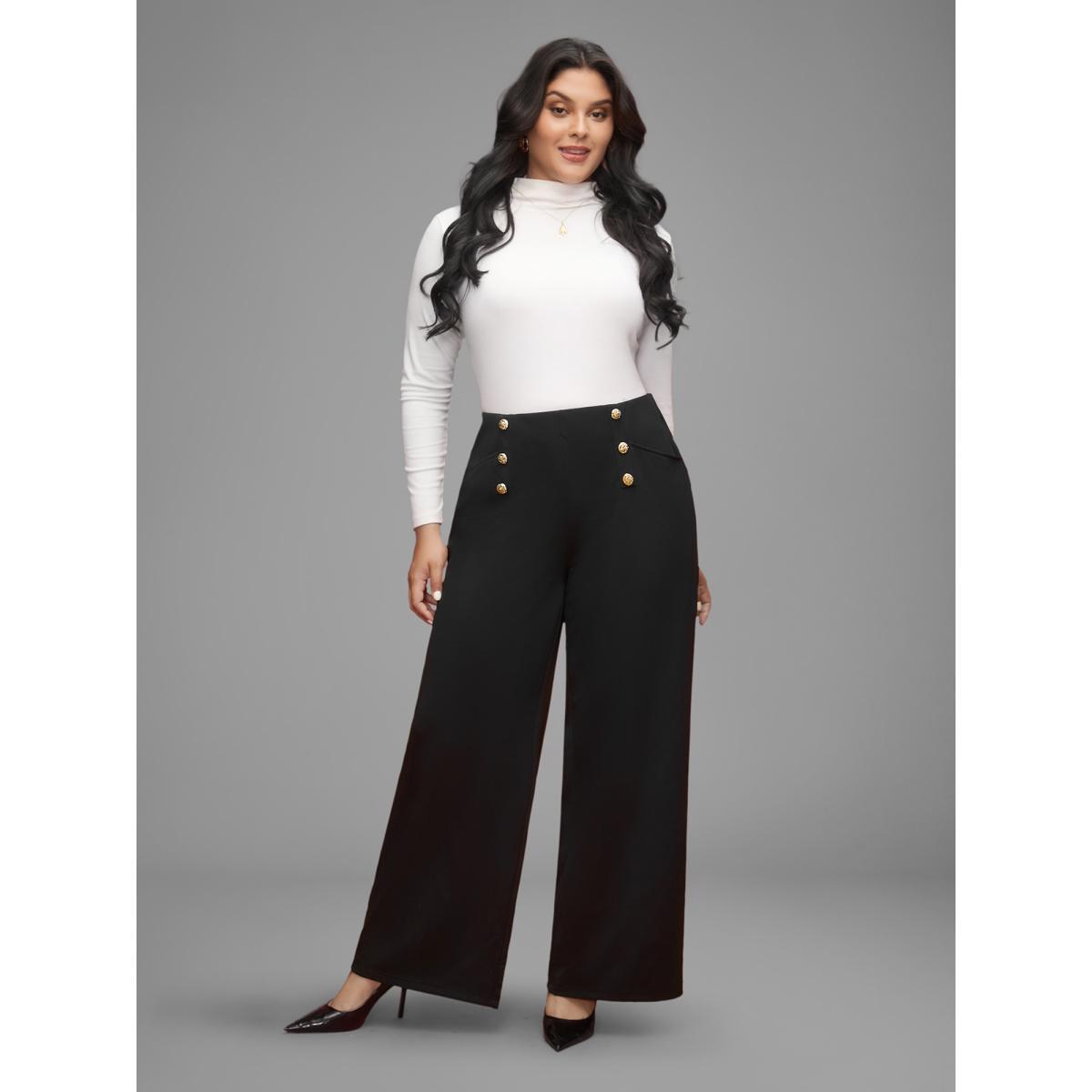 Plus Size Buckle Detail Wide-Leg Pants Women Black Formal Wide Leg High Rise Party Pants BloomChic 14-16/1X Product Image