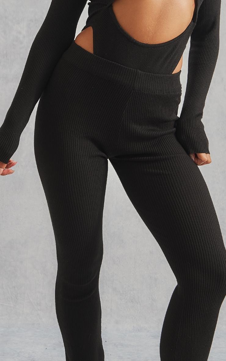 Black Basic Rib Knit Kick Flare Pants Product Image