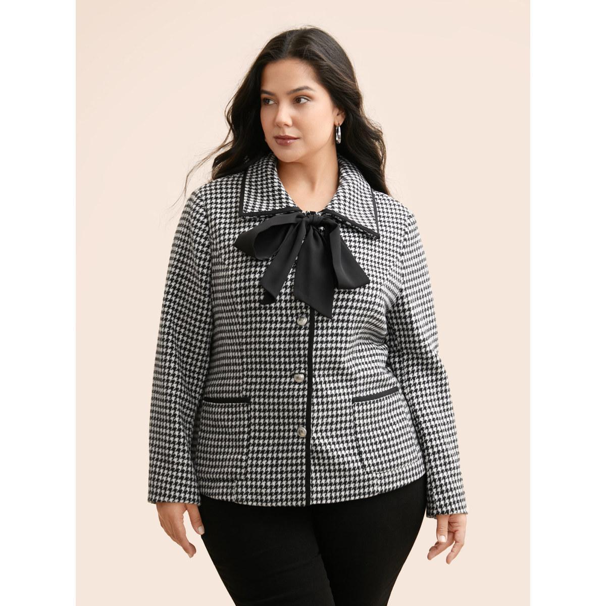 Plus Size Houndstooth Tie Knot Woven Ribbon Jacket Women Black Woven ribbon&lace trim Patch pocket Everyday Jackets BloomChic 22-24/3X Product Image