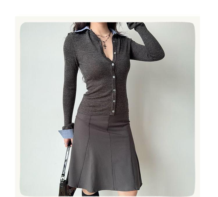 Collared Mock Two-Piece Plaid Panel Button-Up Cardigan Product Image